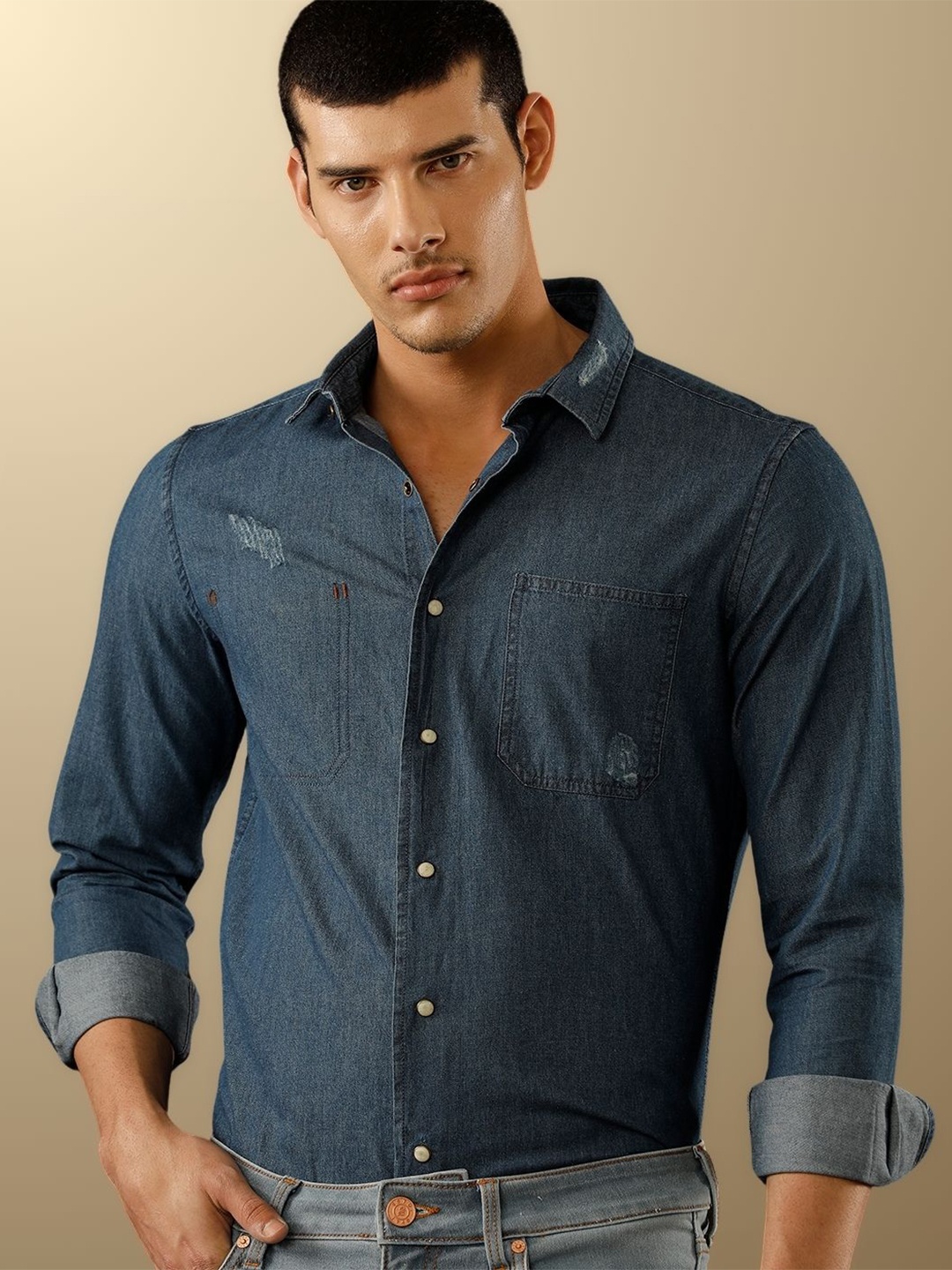 

TEMPLE OF DENIM Men India Slim Spread Collar Solid Denim Casual Shirt, Blue