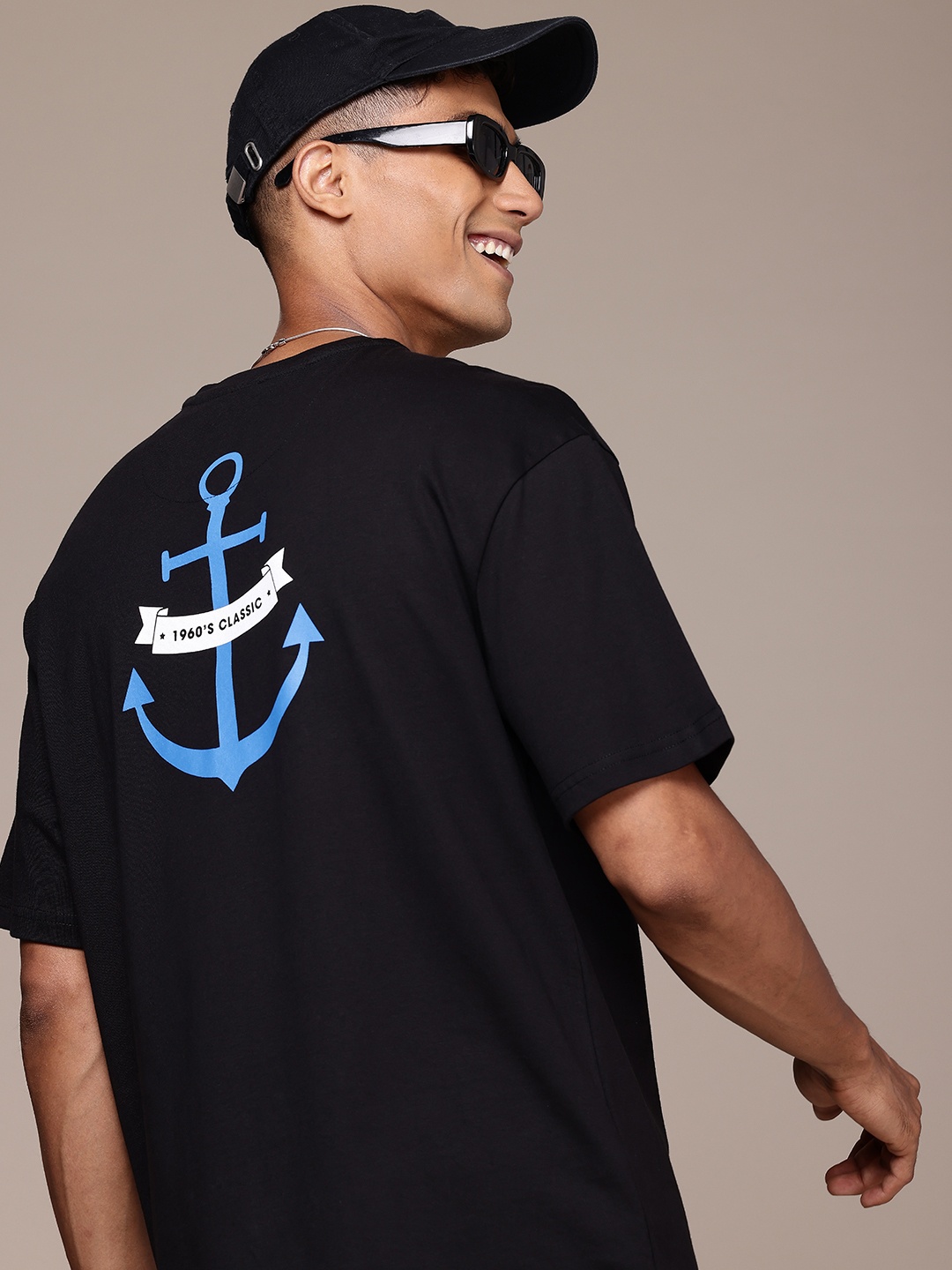 

WROGN X POPEYE Printed Drop-Shoulder Sleeves Pure Cotton Oversized T-shirt, Black