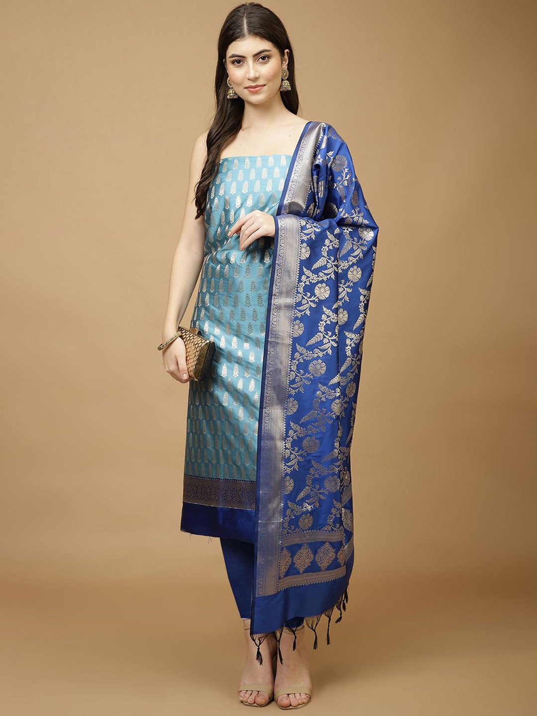 

Meena Bazaar Art Silk Unstitched Dress Material, Blue