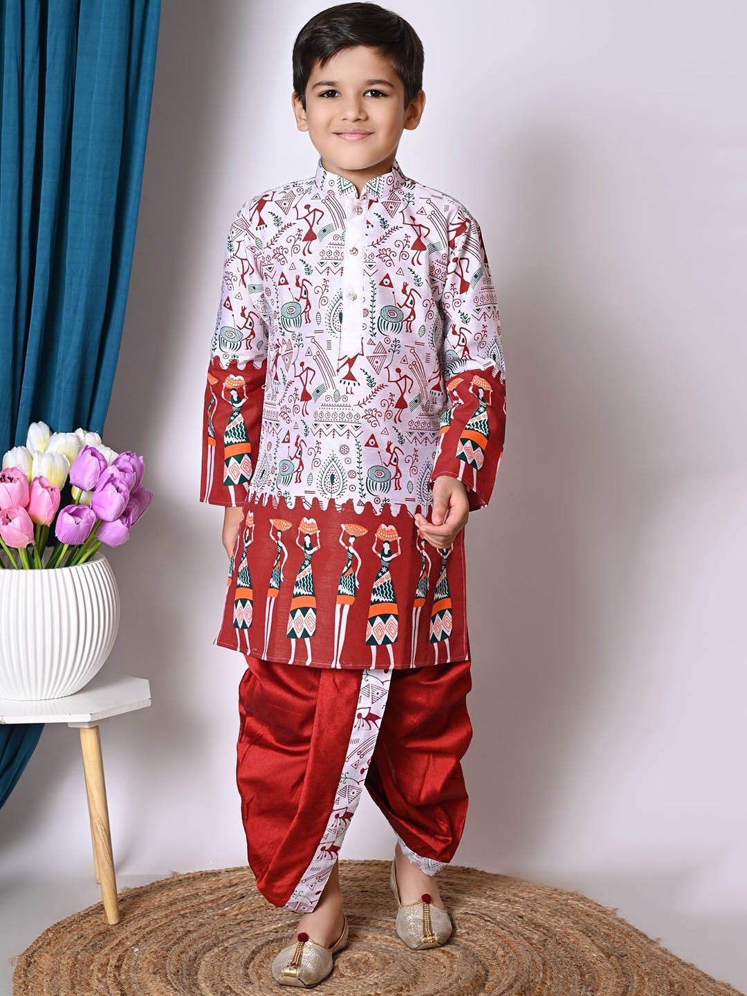 

NFC CREATION Boys Ethnic Motifs Printed Regular Dupion Silk Kurta with Dhoti Pants, Maroon