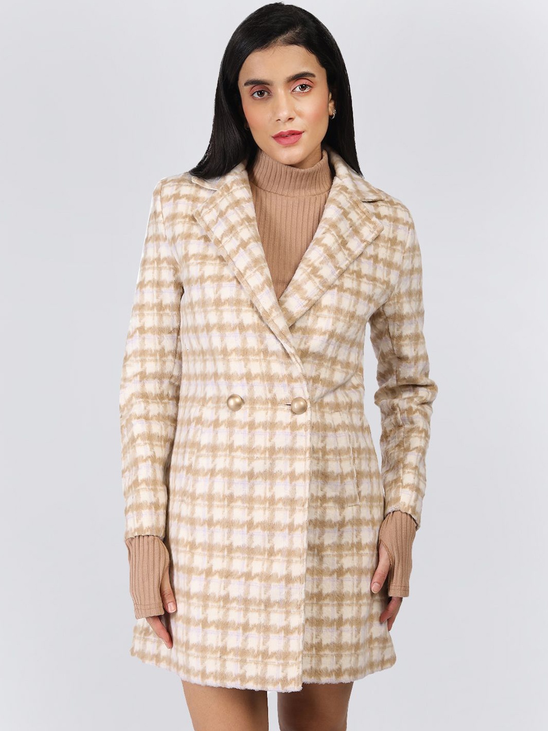 

HONNETE Women Checked Notched Lapel Pea Coats, Beige