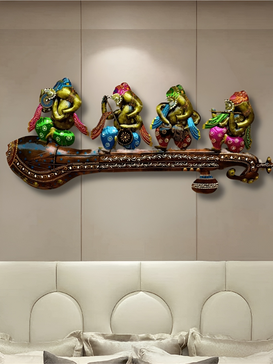 

RSN Brown & Blue Textured Lord Ganesh Playing Instruments Wall Decor, Copper