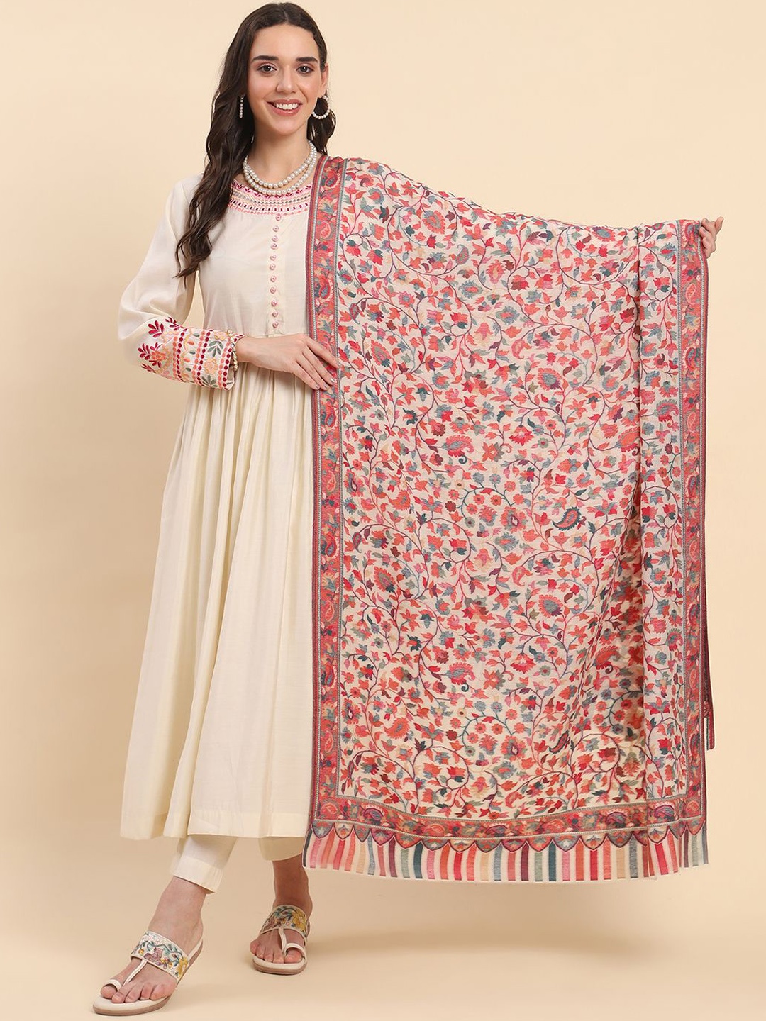 

La Vastraa Women Floral Woven Design Shawl, White