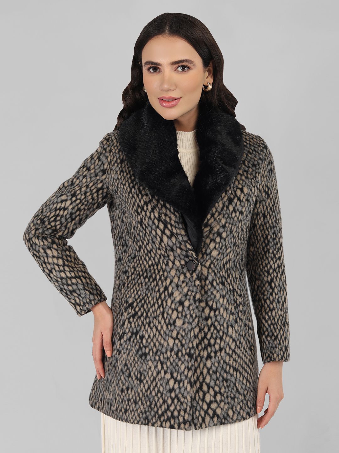 

LURE URBAN Women Self Design Single-Breasted Winter Overcoat, Black