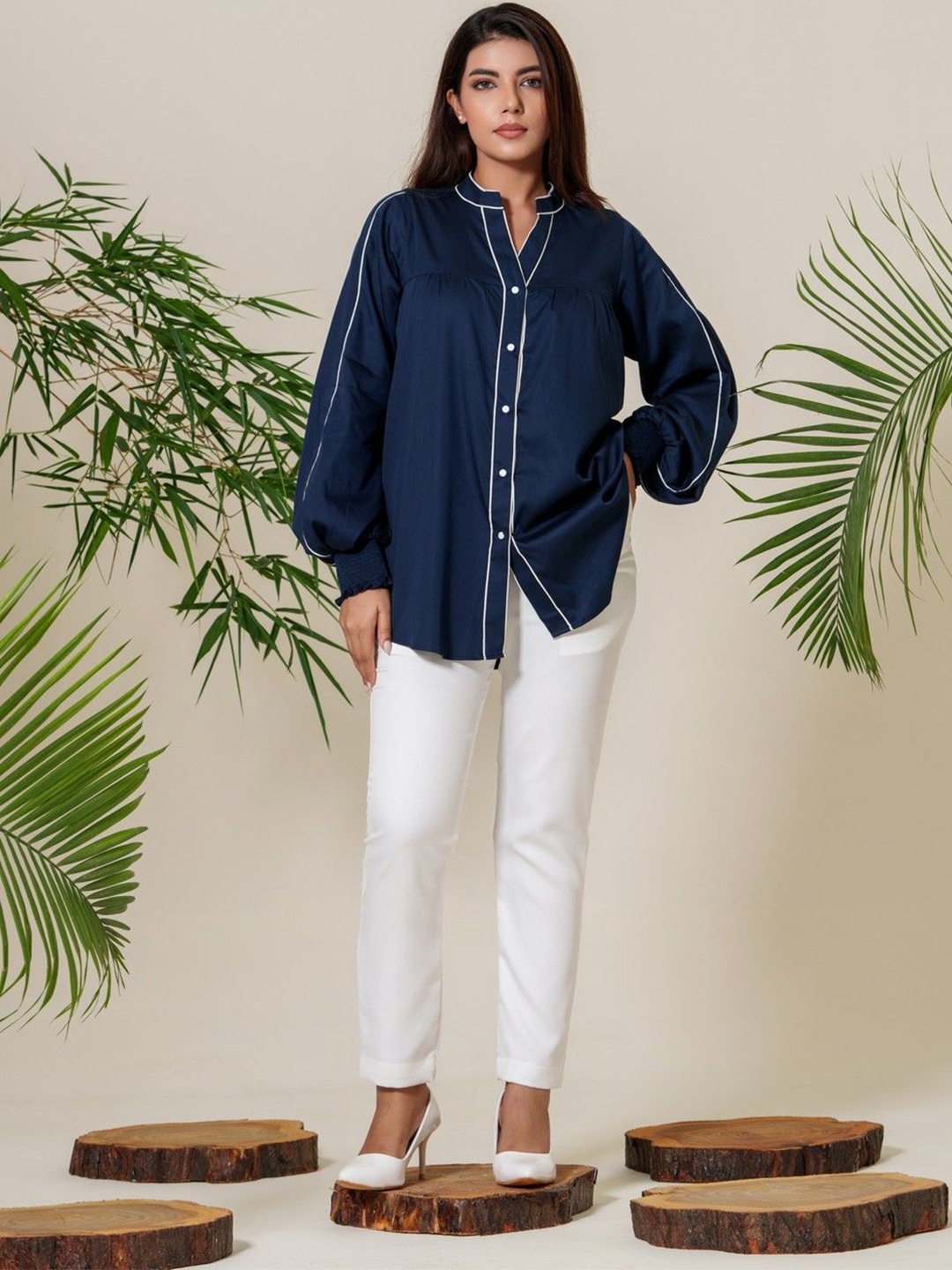 

KINA Women Custom Mandarin Collar Solid Cotton Oversized Casual Shirt, Navy blue