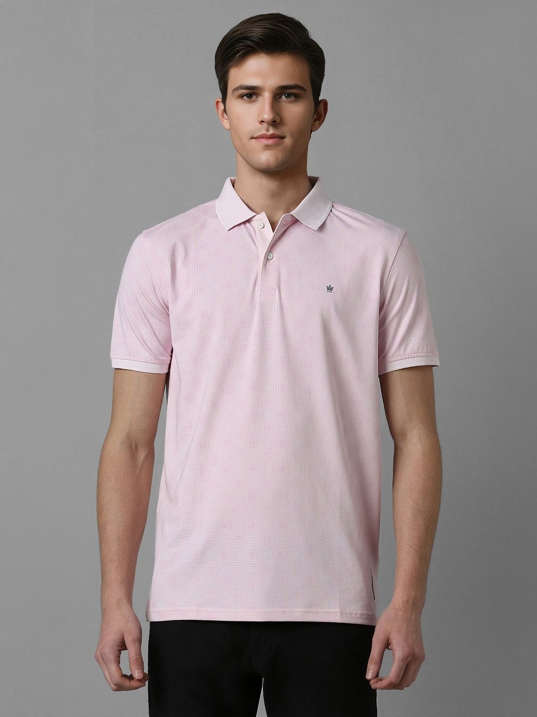 

Louis Philippe Men Geometric Printed Polo Collar Cotton Slim Fit T-shirt, Pink
