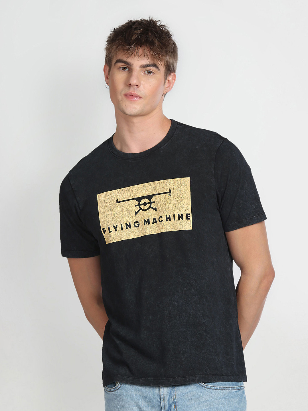 

Flying Machine Typography Printed Cotton T-shirt, Black