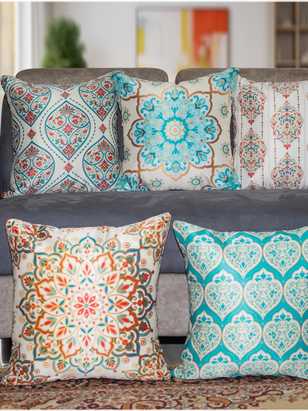 

Vendola White & Blue 5 Pieces Ethnic Motifs Square Cushion Covers