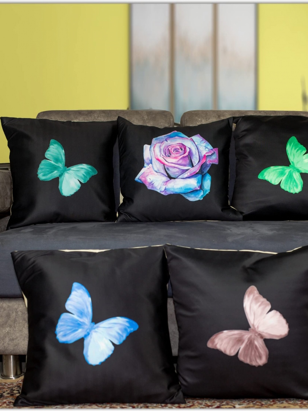 

Vendola Black & Blue Set of 5 Quirky Satin Square Cushion Covers