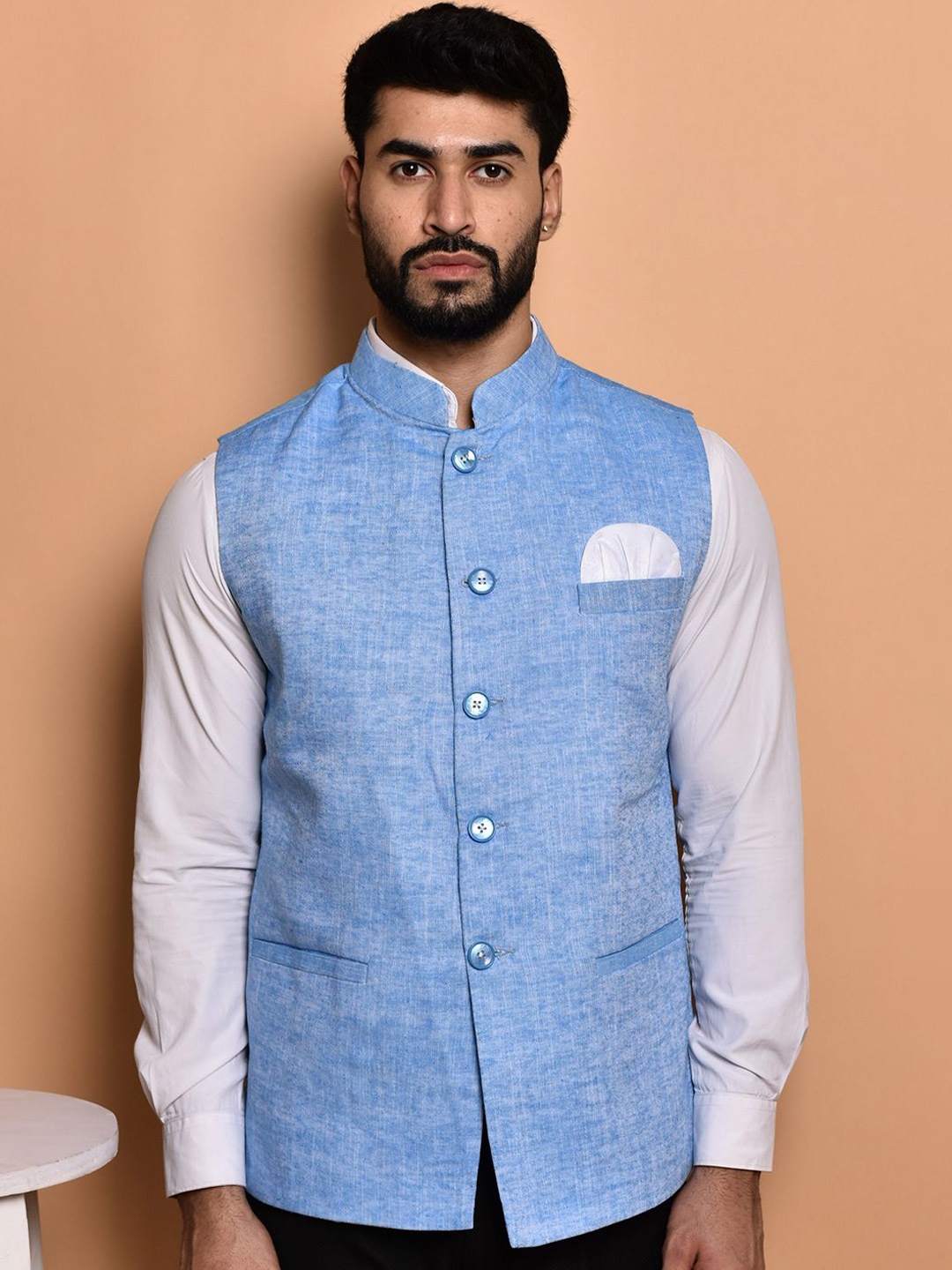 

PRINTCULTR Textured Woven Nehru Jacket, Blue