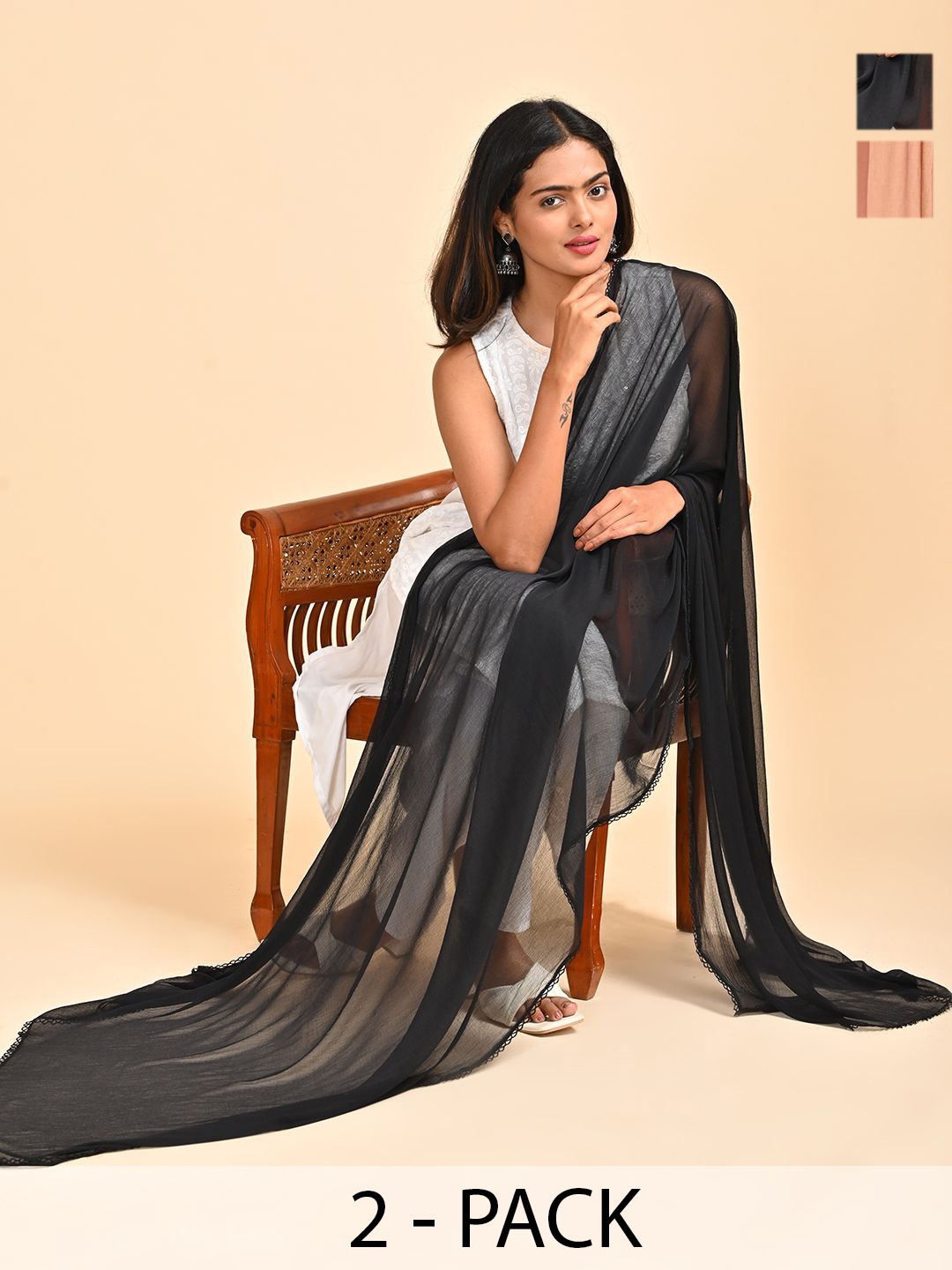 

HELLA FASHIONS Pack Of 2 Chiffon Dupattas, Black