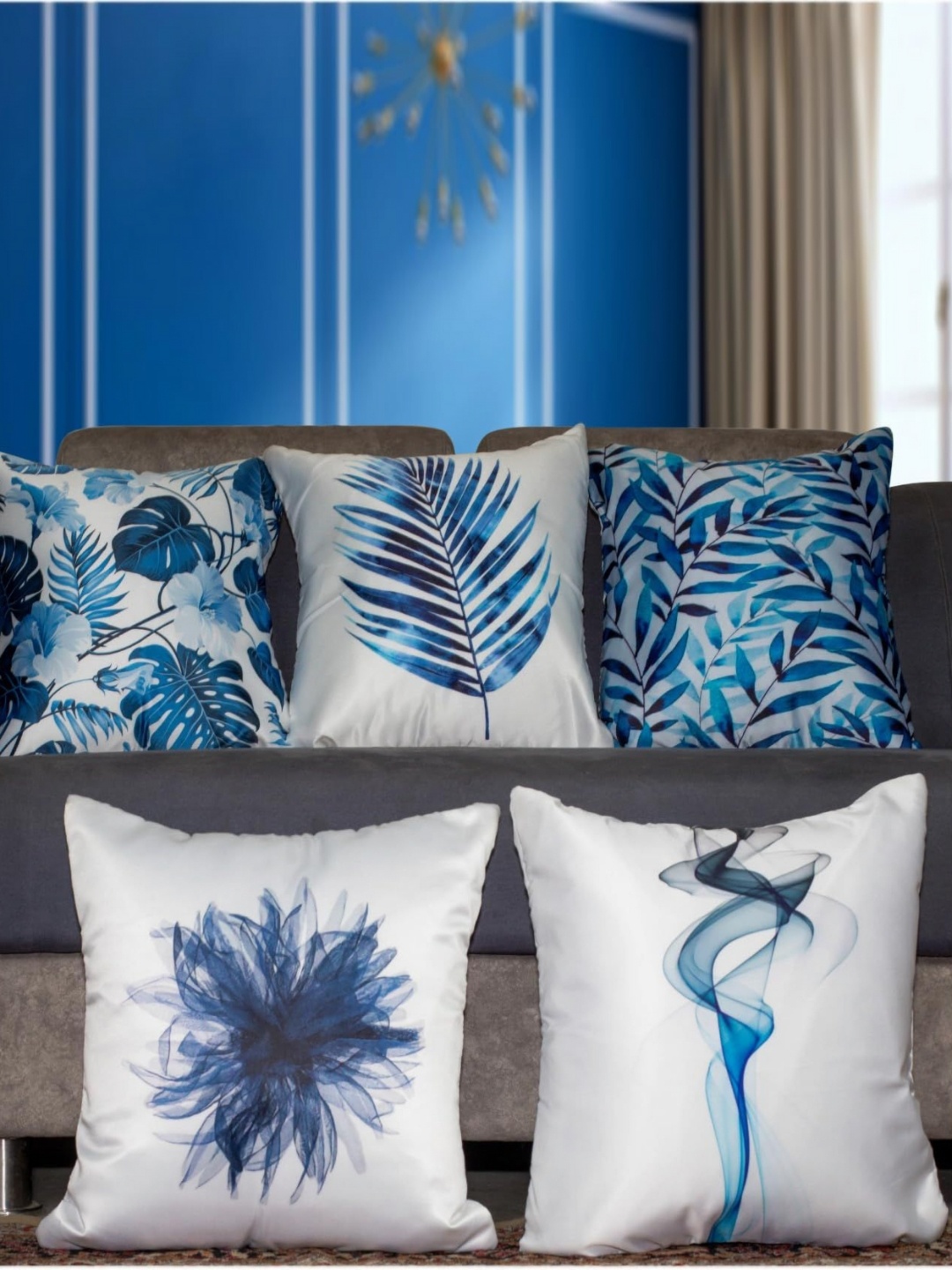 

Vendola White & Blue 5 Pieces Floral Satin Square Cushion Covers