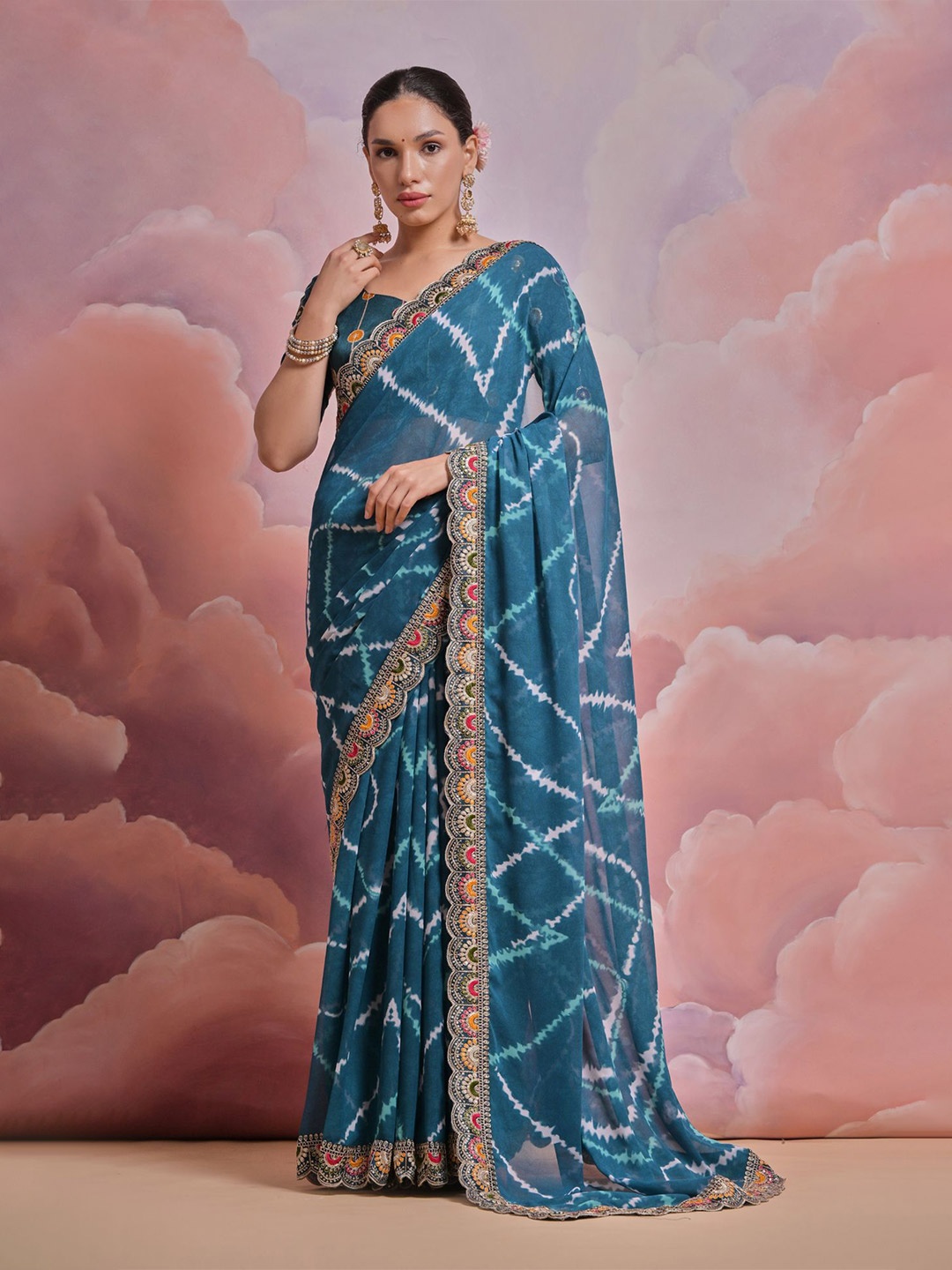 

Mitera Tie and Dye Sequinned Saree, Teal