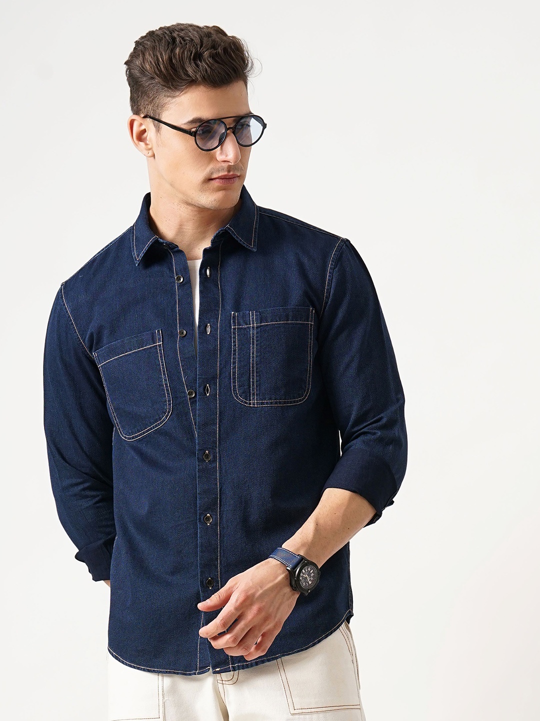 

British Club Men Classic Slim Fit Opaque Casual Shirt, Blue