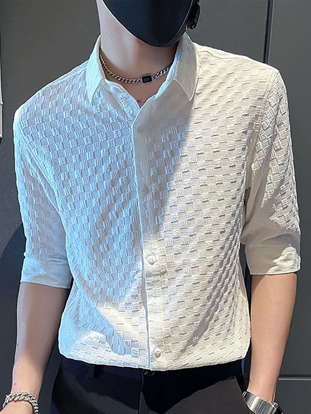 

StyleCast x Revolte Men Spread Collar Textured Casual Shirt, White