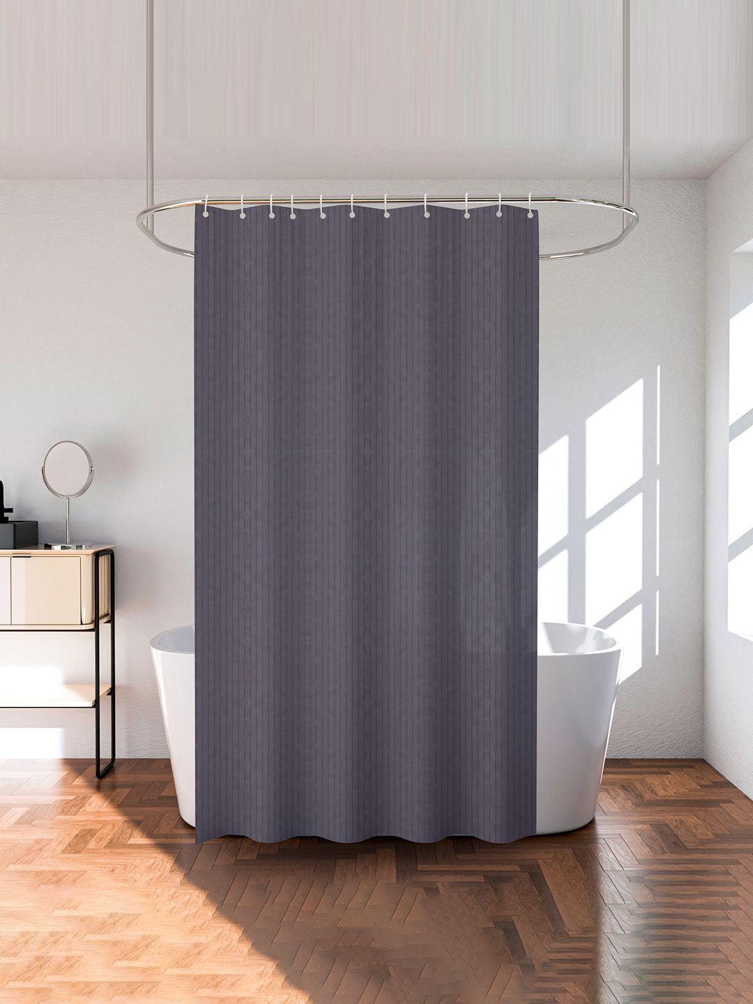 

Kuber Industries Grey & Black Striped Printed Shower Curtain With Rings