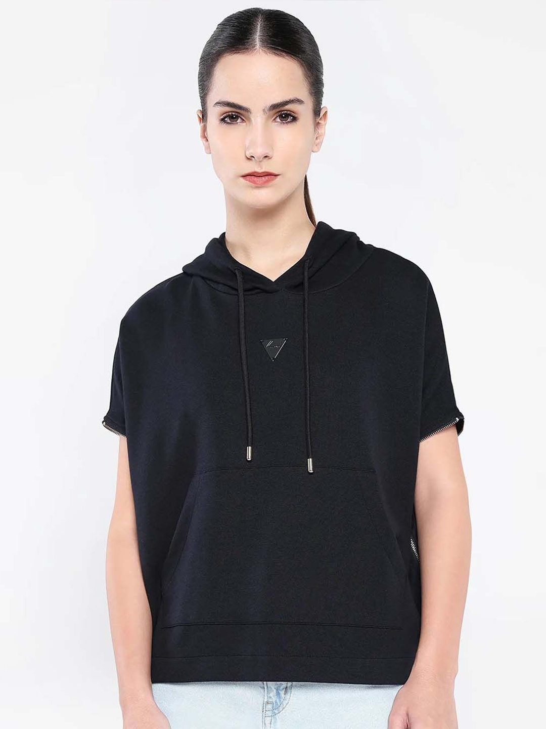 

RAREISM Women Solid Hood Cotton Pullover Sweatshirt, Black