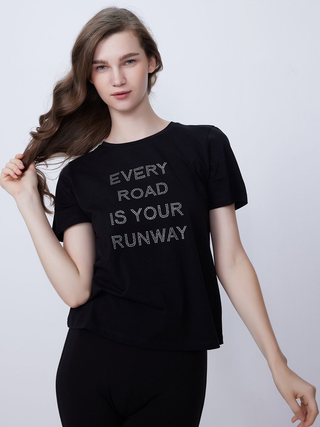 

COVER STORY Women Typography Printed Round Neck Cotton T-shirt, Black