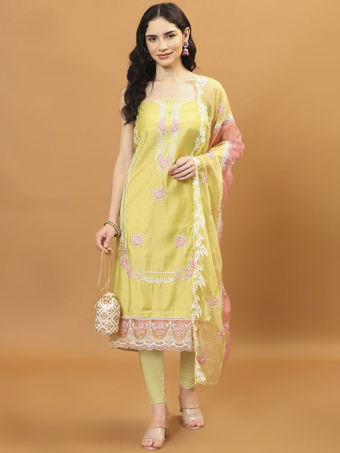 

Meena Bazaar Embroidered Art Silk Unstitched Dress Material, Yellow