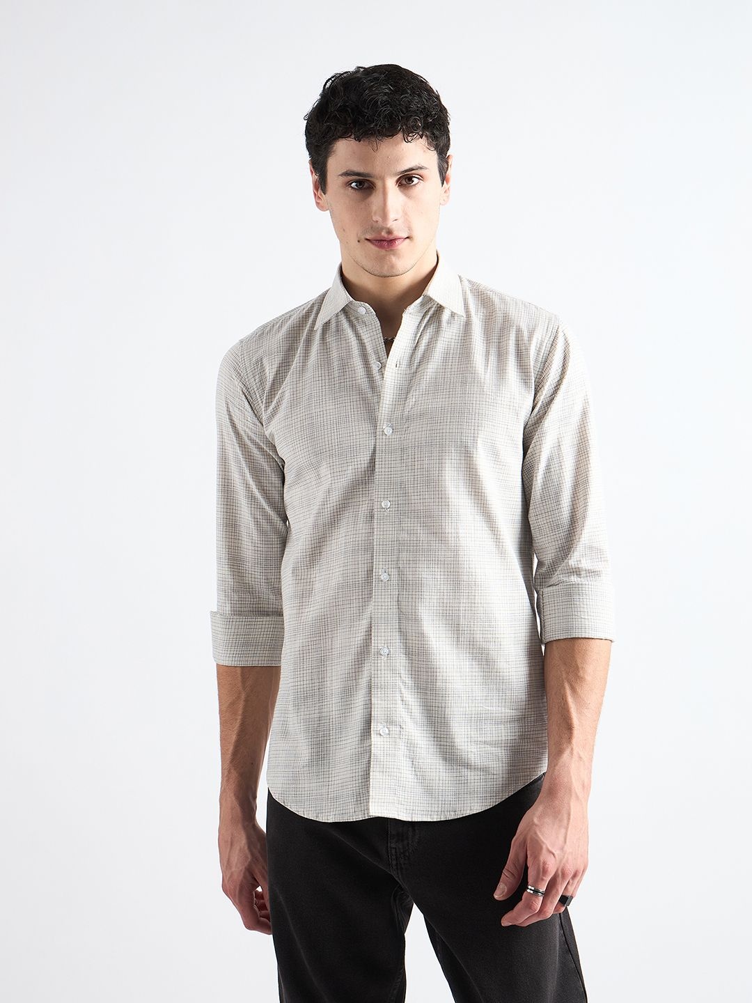 

all yours Men Classic Slim Fit Micro Checks Opaque Checked Formal Shirt, Beige