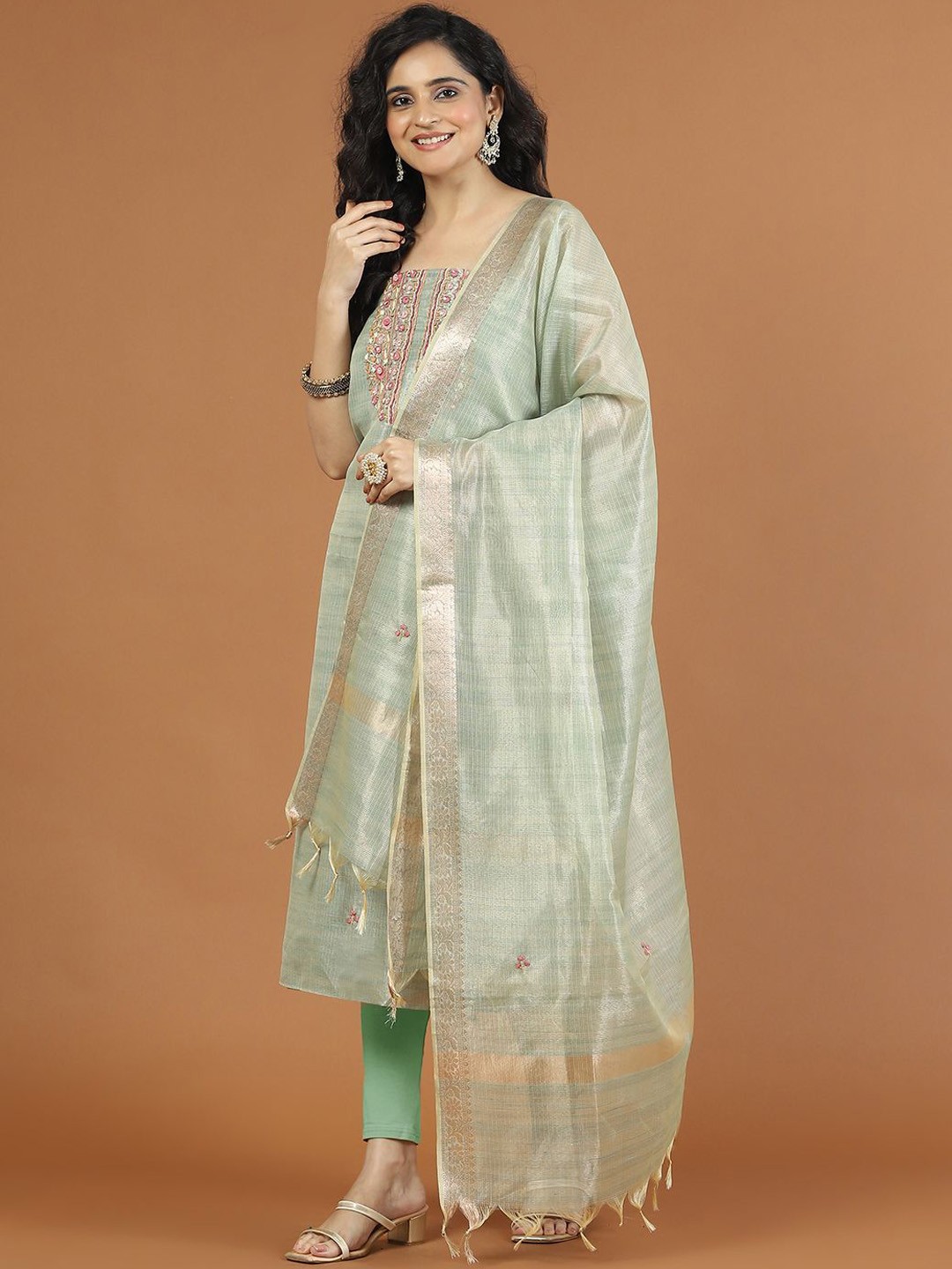 

Meena Bazaar Embroidered Art Silk Unstitched Dress Material, Sea green