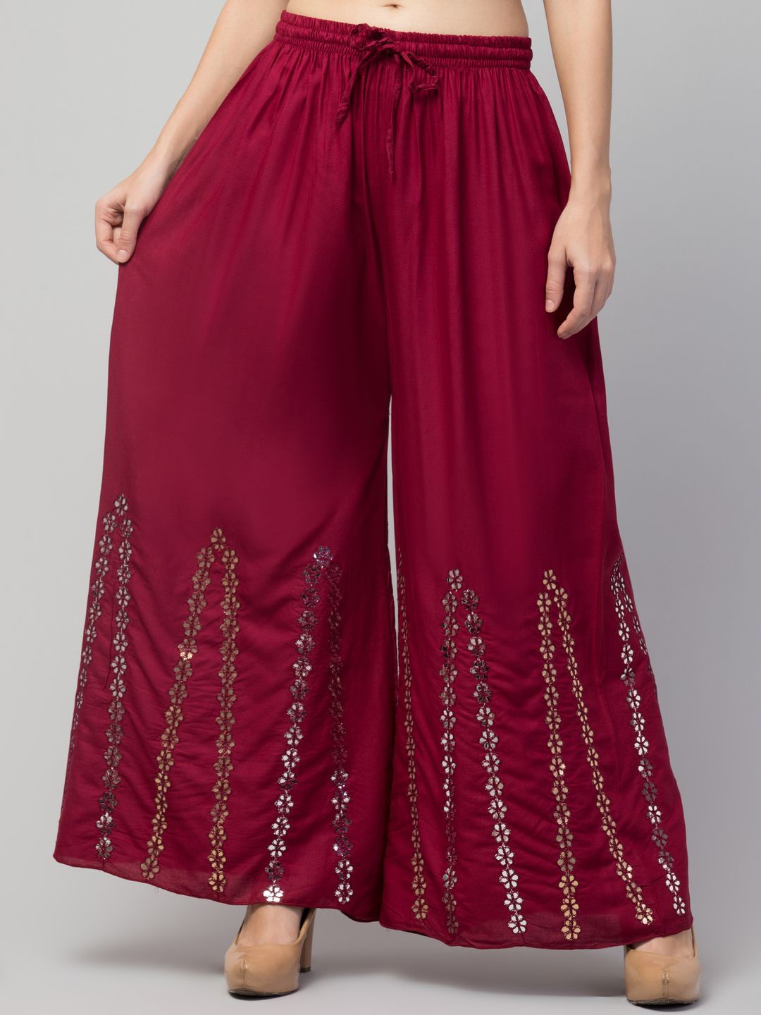 

FAMBEE Women Ethnic Motifs Embroidered Flared Palazzos, Maroon