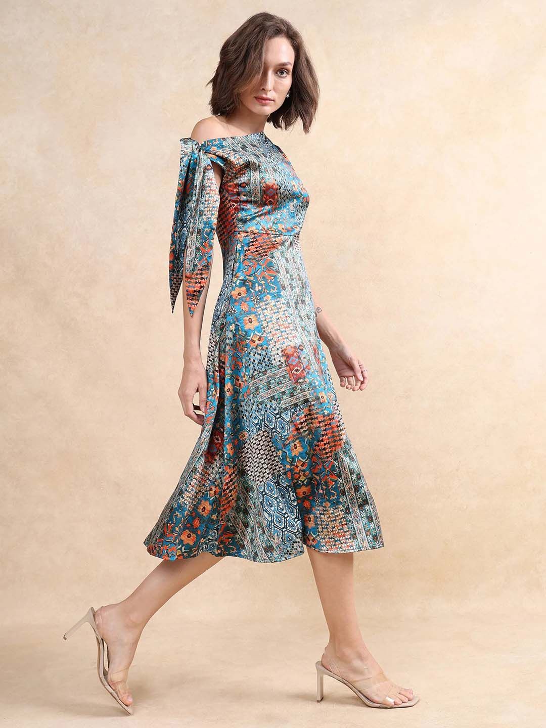 

RAREISM Printed Fit and Flare Midi Dress, Blue