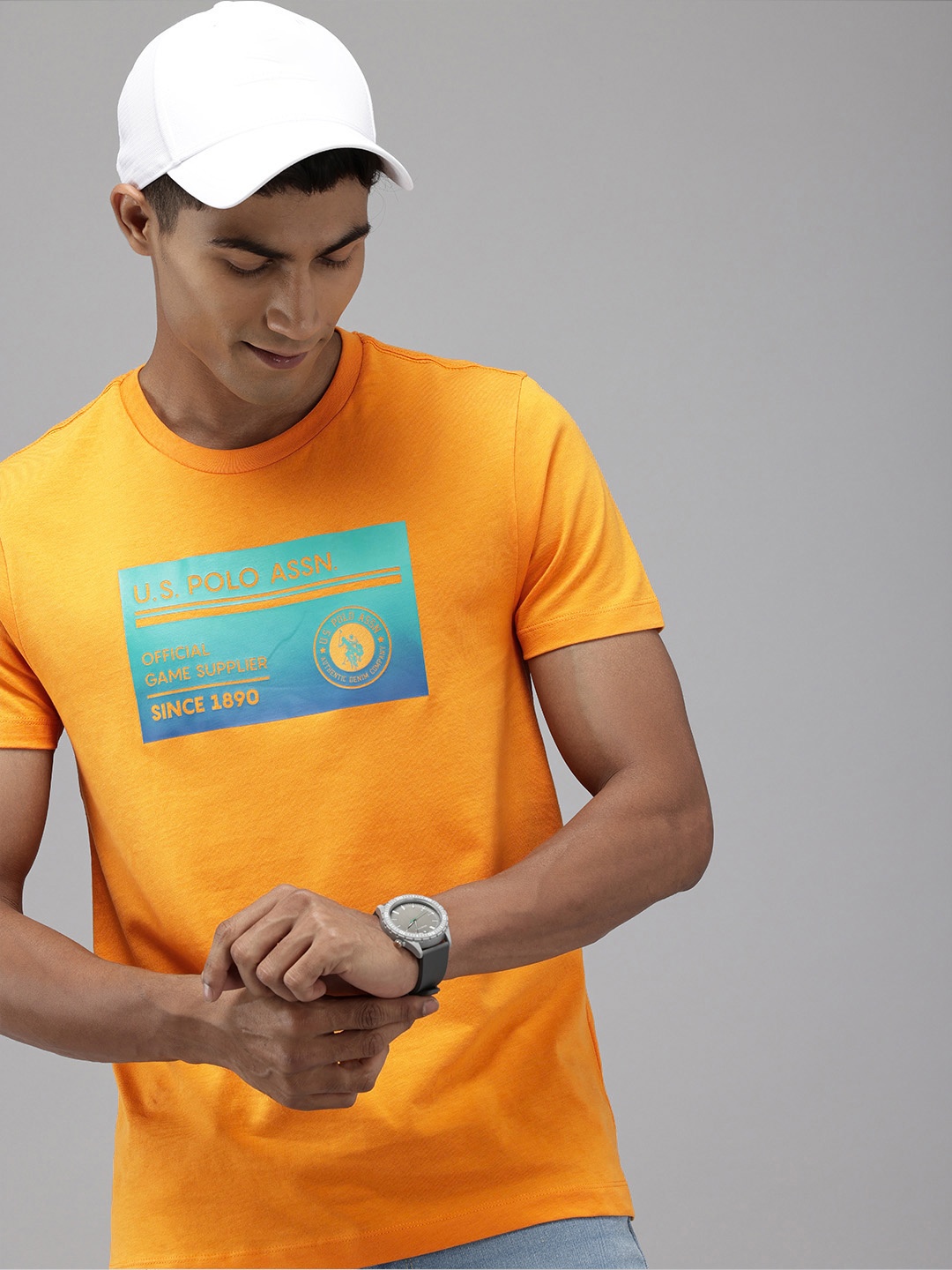 

U.S. Polo Assn. Denim Co. Brand Logo Printed Pure Cotton Slim Fit T-shirt, Yellow