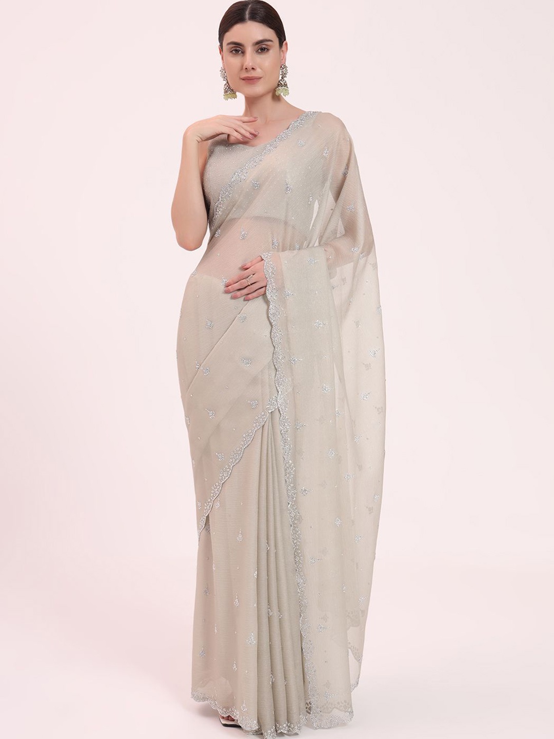 

FIORRA Ethnic Motifs Beads and Stones Organza Saree, Grey