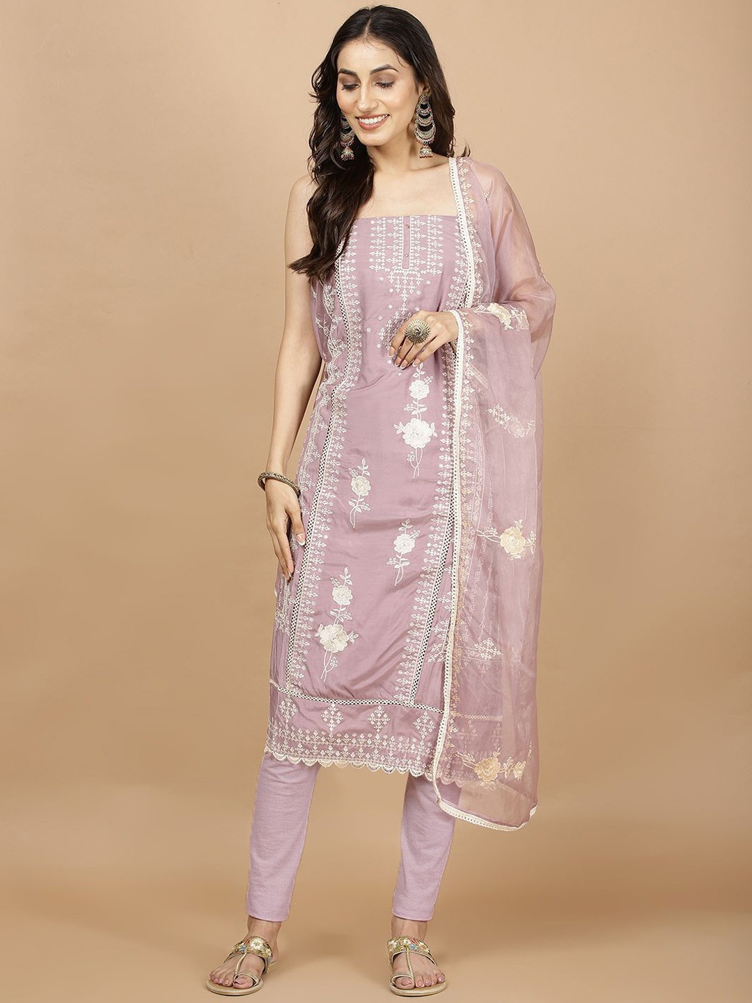 

Meena Bazaar Floral Embroidered Thread Work Muslin Unstitched Dress Material, Lavender