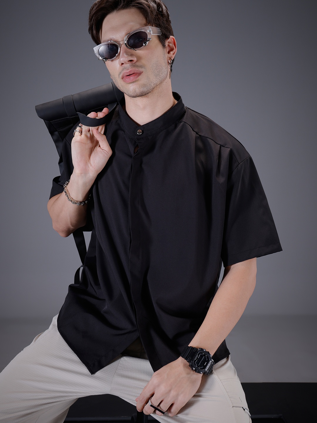 

SOKO STREET Band Collar Drop-Shoulder Sleeves Relaxed Fit Casual Shirt, Black