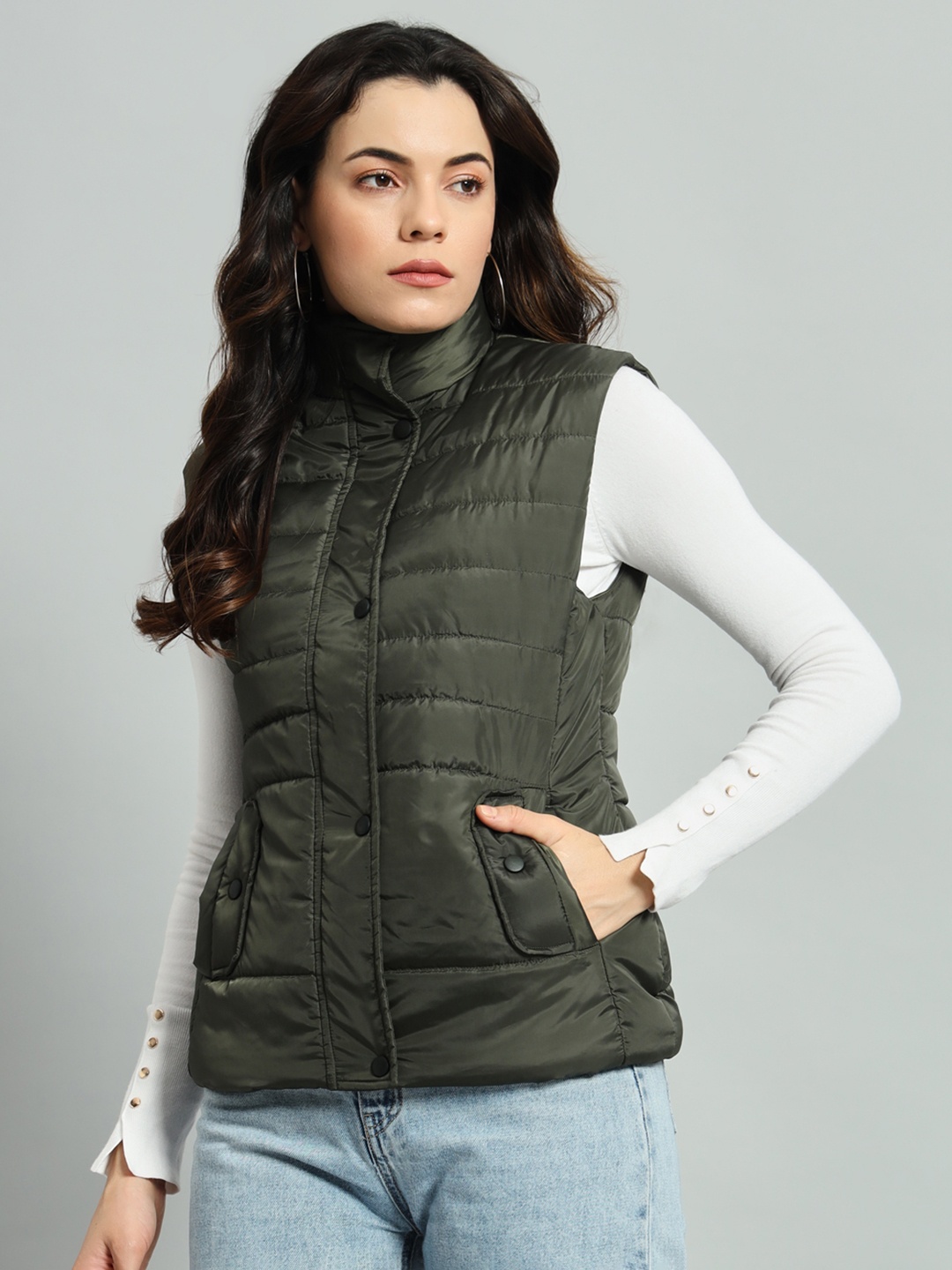 

AR-FIT Women Polyester Water Resistant Longline Puffer Jacket with Patchwork, Olive