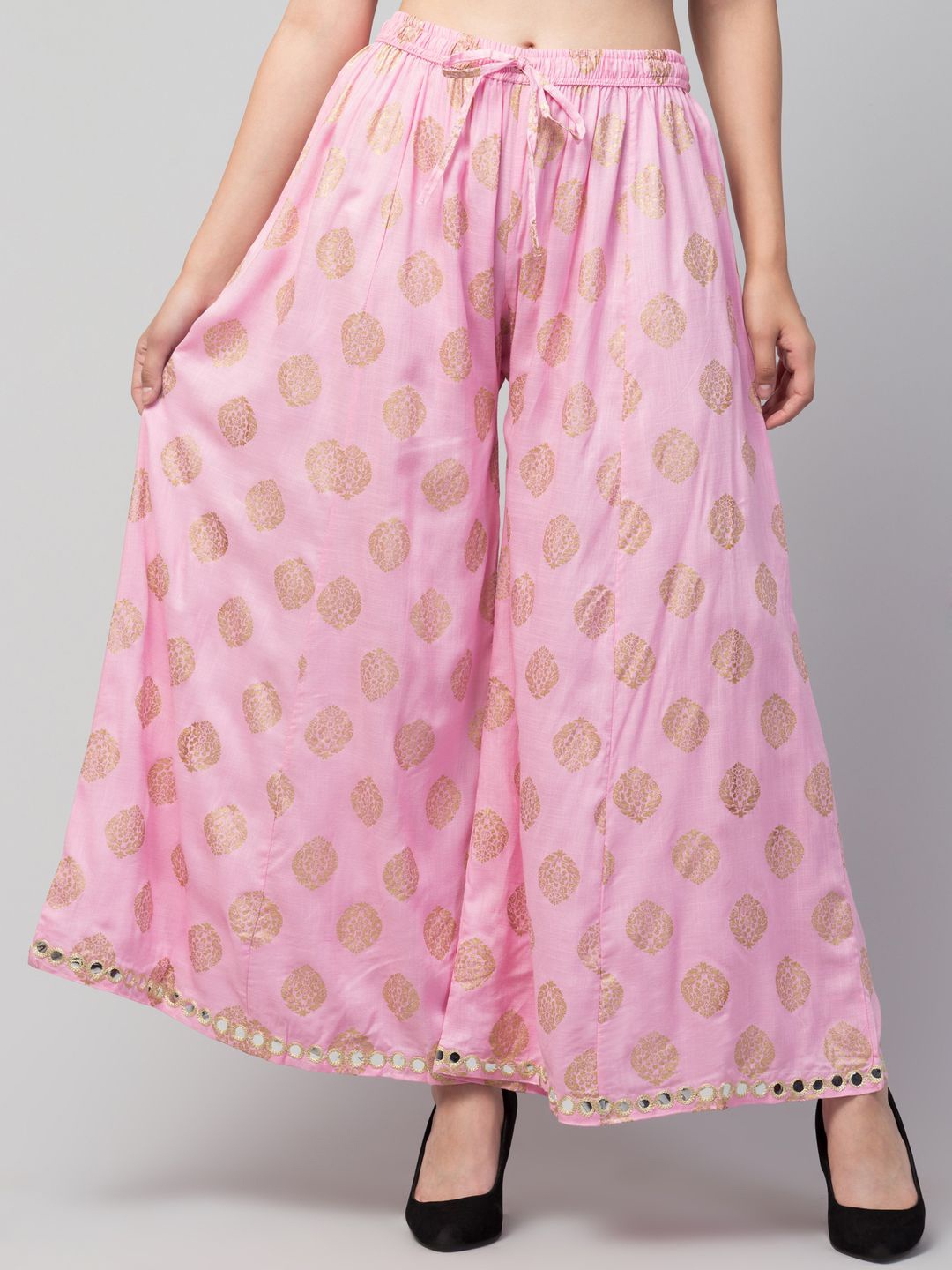 

FAMBEE Women Ethnic Motifs Printed Flared Knitted Palazzos, Mauve