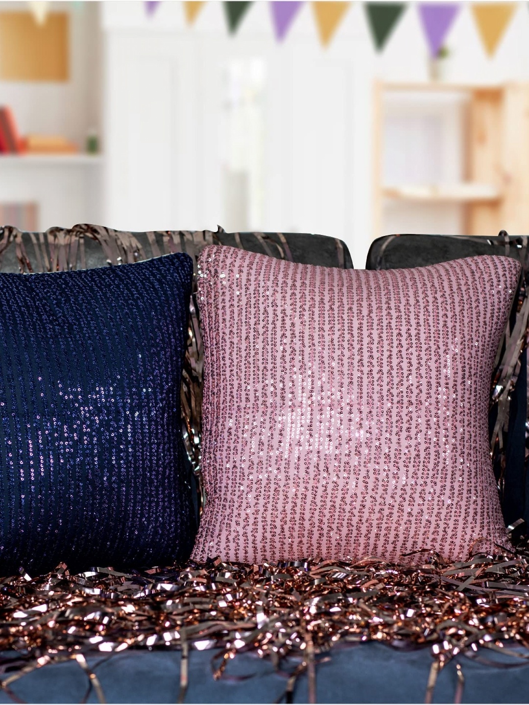 

Vendola Navy Blue & Pink 2 Pieces Embellished Square Cushion Covers