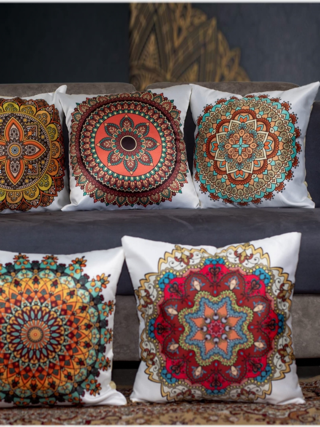 

Vendola White & Red 5 Pieces Ethnic Motifs Printed Satin Square Cushion Covers