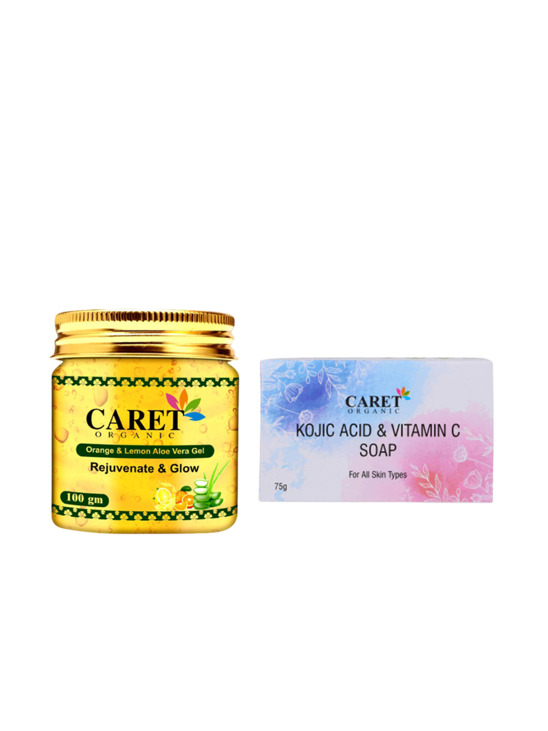 

CARET ORGANIC Set Of 2 Kojic acid & Vitamin C Soap & Orange & Lemon Aloe Vera Gel, White