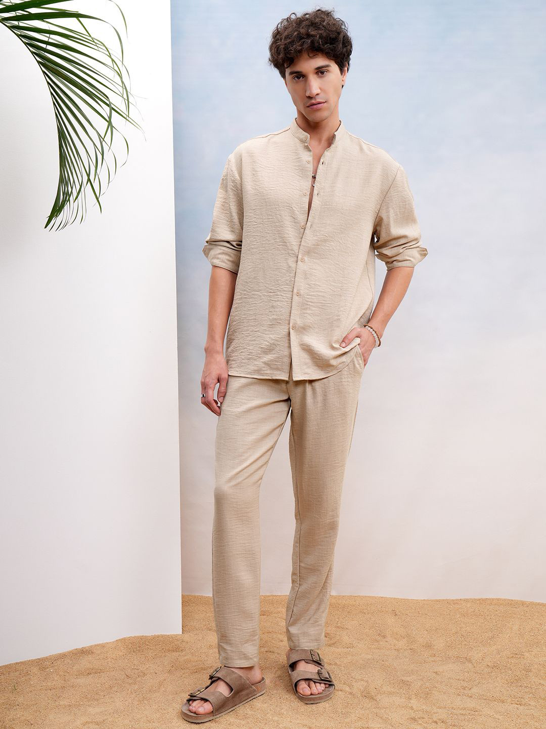 

HIGHLANDER Relaxed-Fit Mandarin Collar Shirt & Trouser, Beige