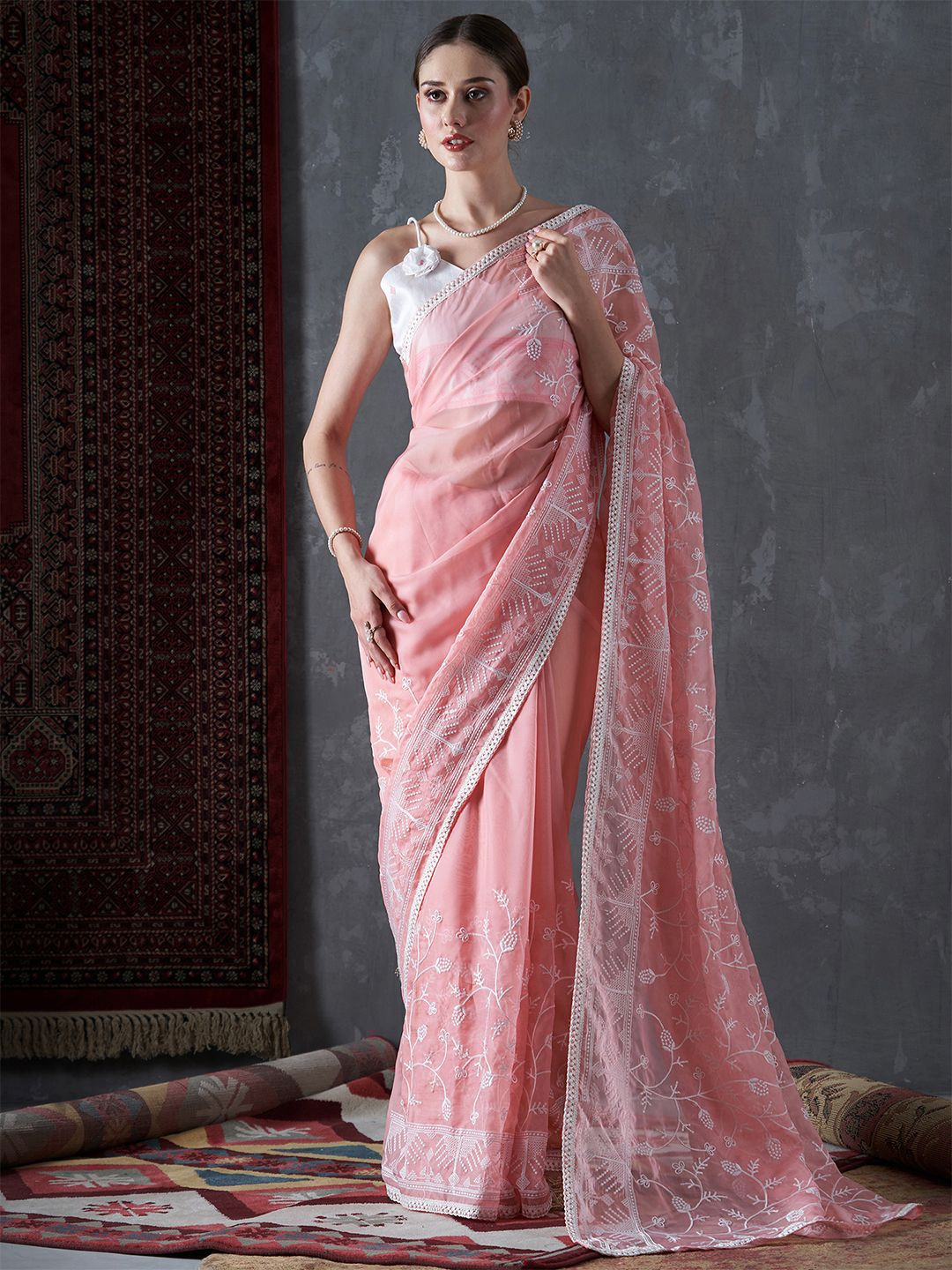 

KALINI Ethnic Motifs Organza Saree, Pink