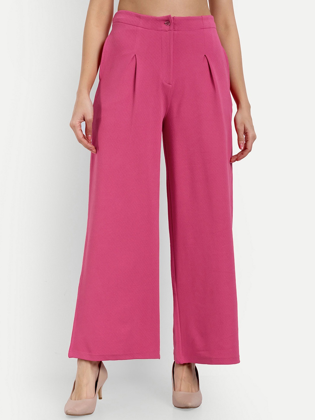 

Mast & Harbour Women Relaxed Flared High-Rise Pleated Trousers, Pink