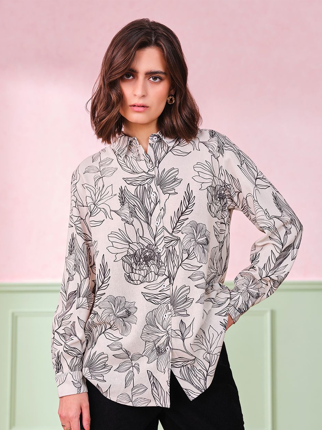 

AND Floral Print Shirt Style Top, Cream