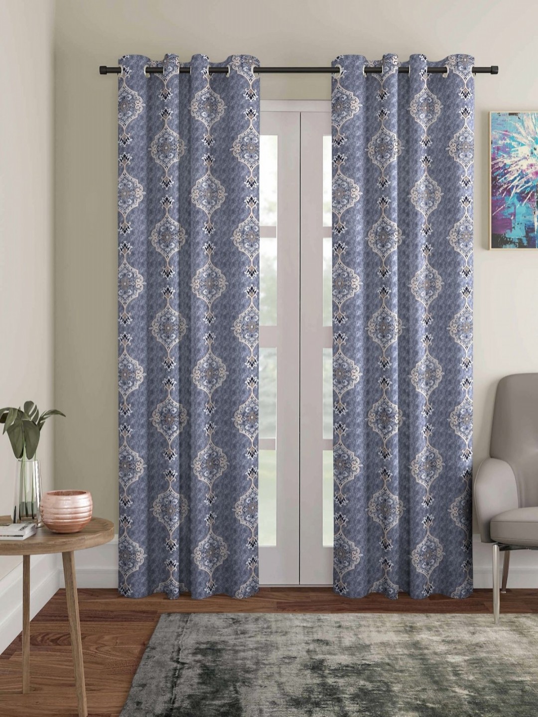 

Myntra Elegant Homes Blue & White 2 Pieces Ethnic Motifs Room Darkening Door Curtain