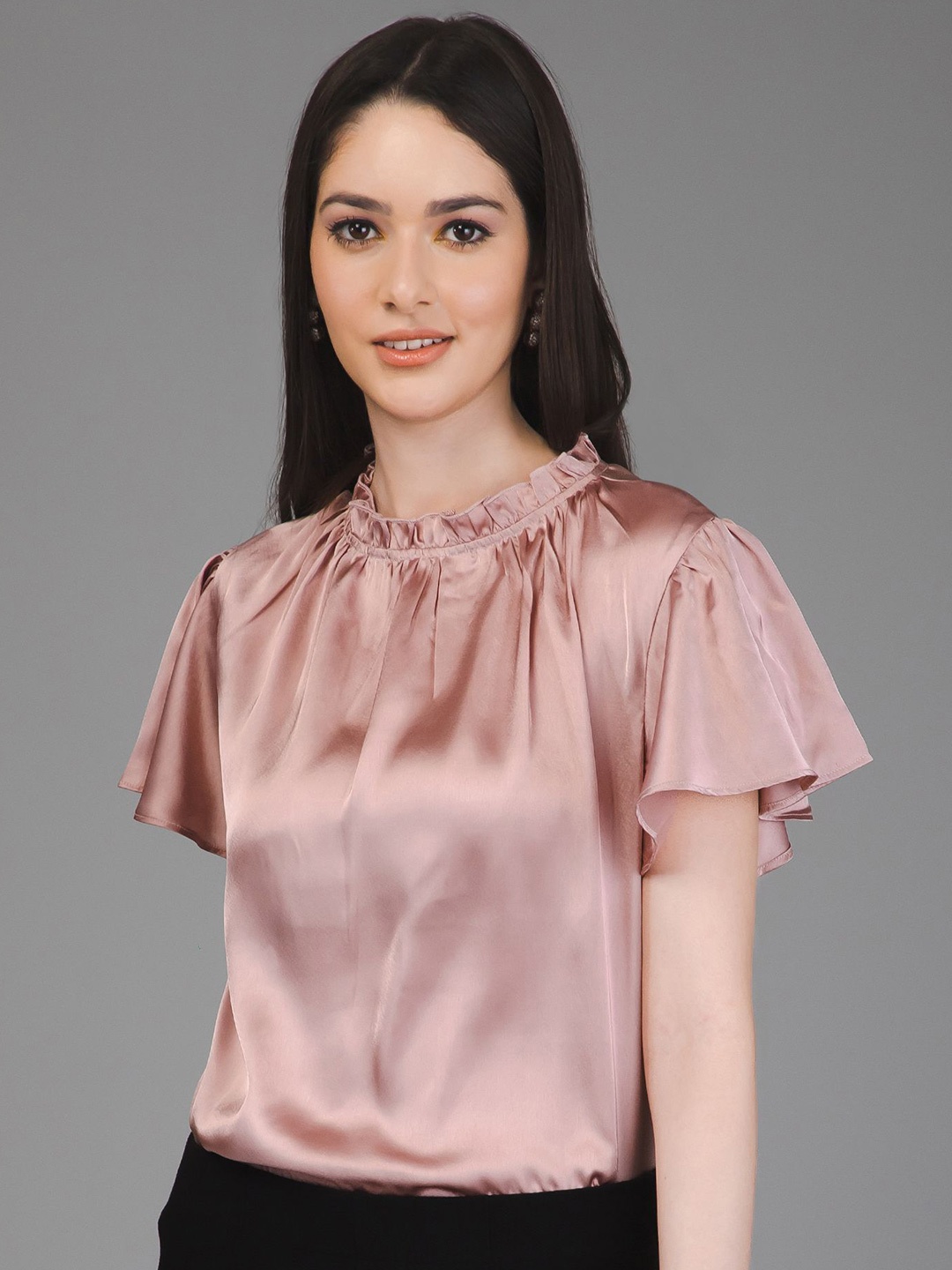 

PURYS WORKSPACE Flared Sleeve Satin Blouson Top, Pink