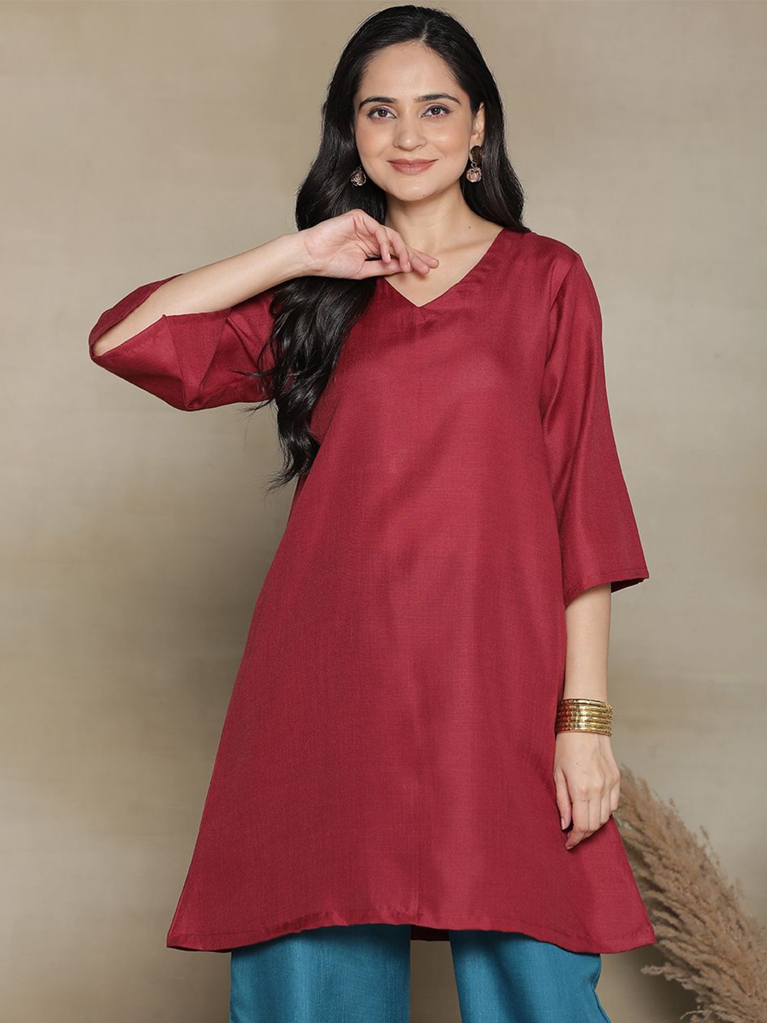 

LetsDressUp Women Cotton A-Line Above Knee Kurta, Maroon