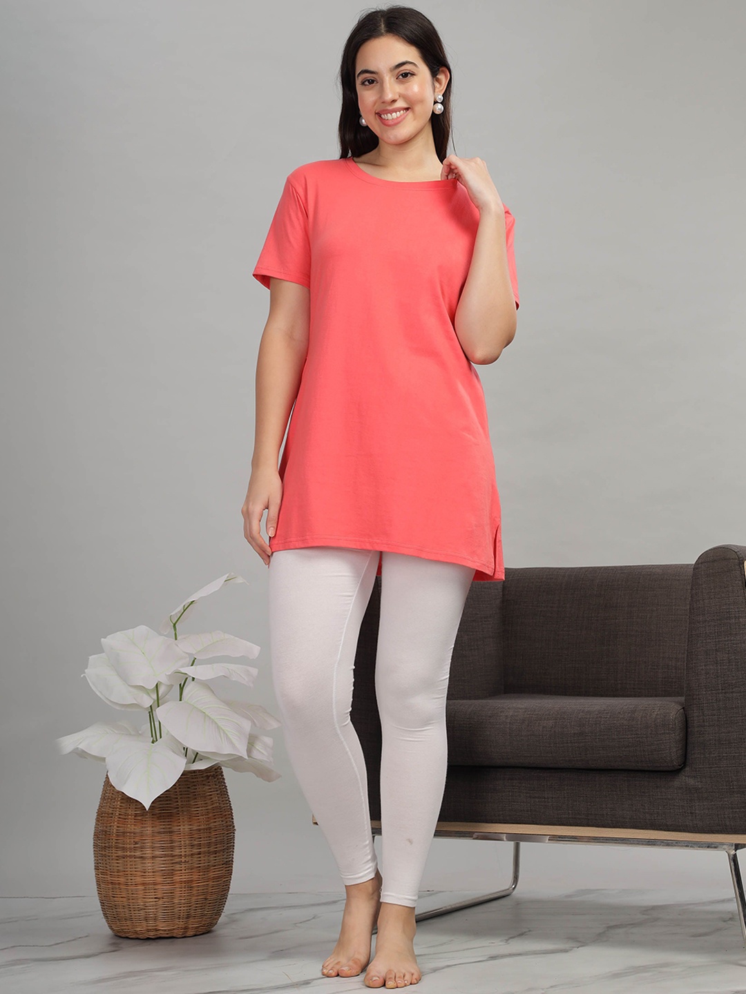 

9shines Label Cotton Short Sleeves Lounge Long T-Shirt, Peach