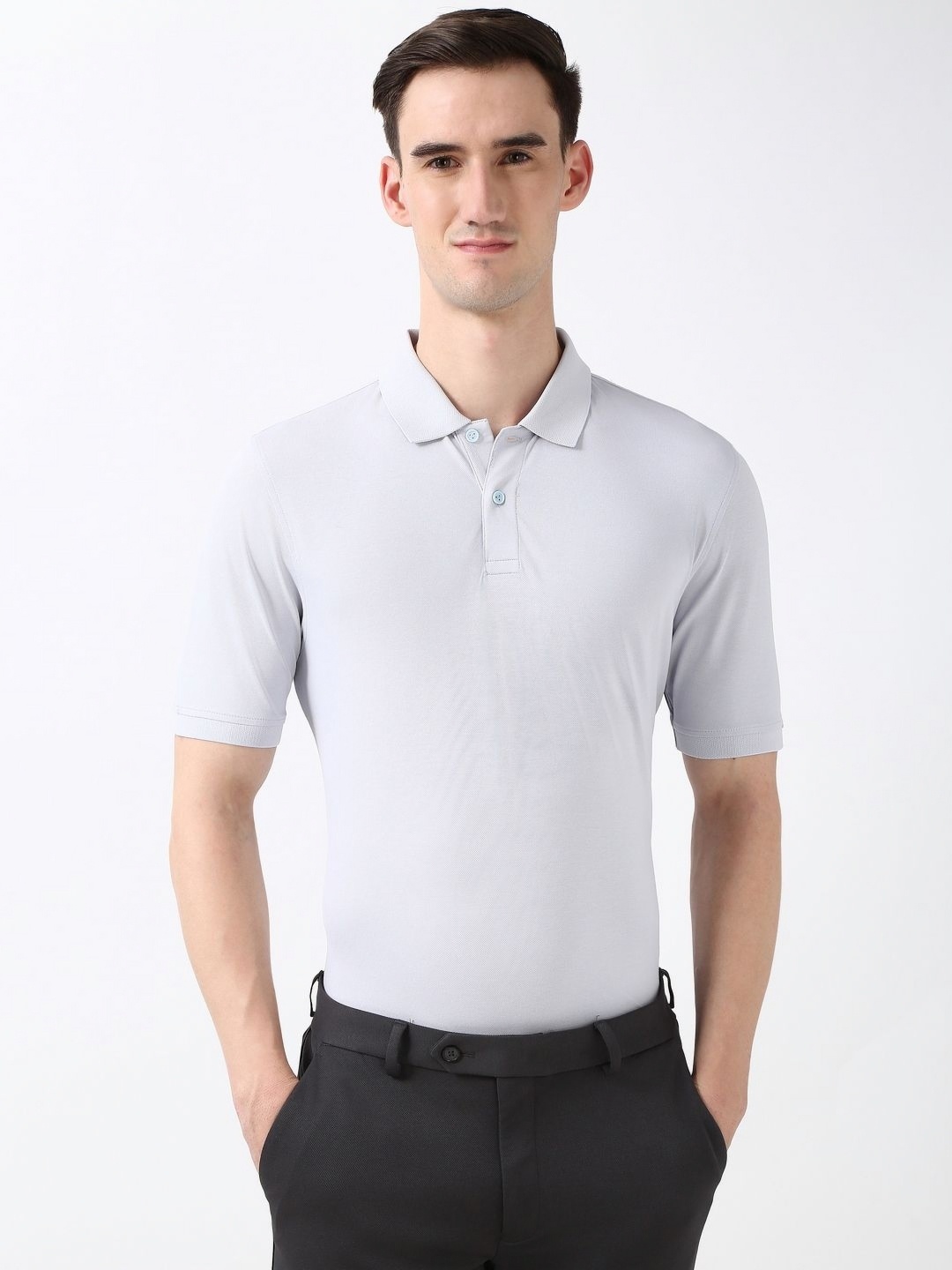 

Peter England Men Solid Polo Collar Cotton T-shirt, Grey