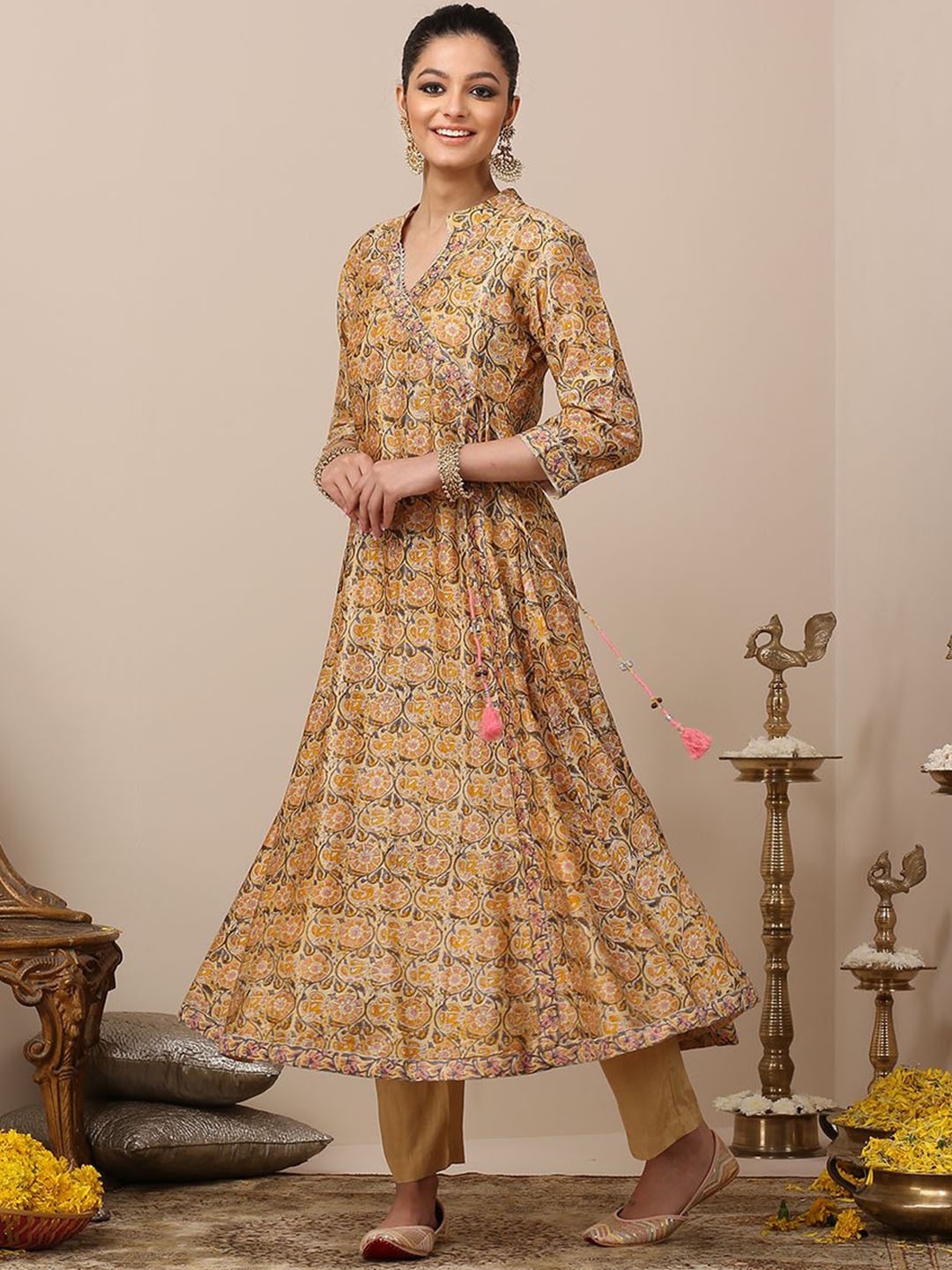 

Tahiliya Floral Printed Thread Work Angrakha Mandarin Collar Chanderi Silk Anarkali Kurta, Yellow