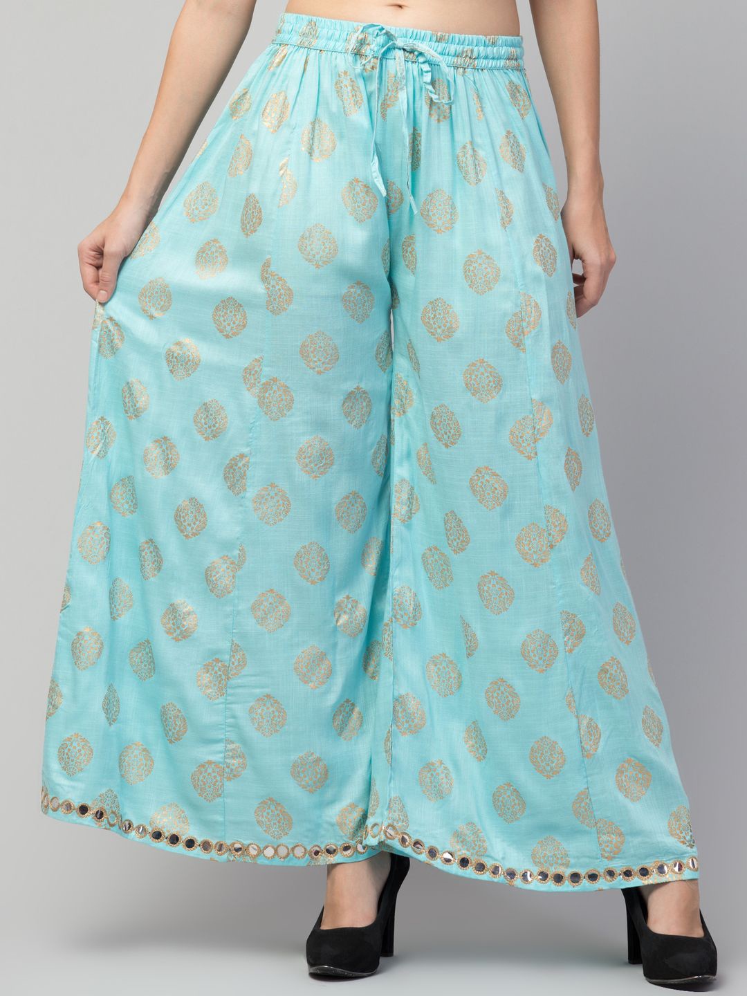 

FAMBEE Women Ethnic Motifs Printed Flared Knitted Palazzos, Turquoise blue
