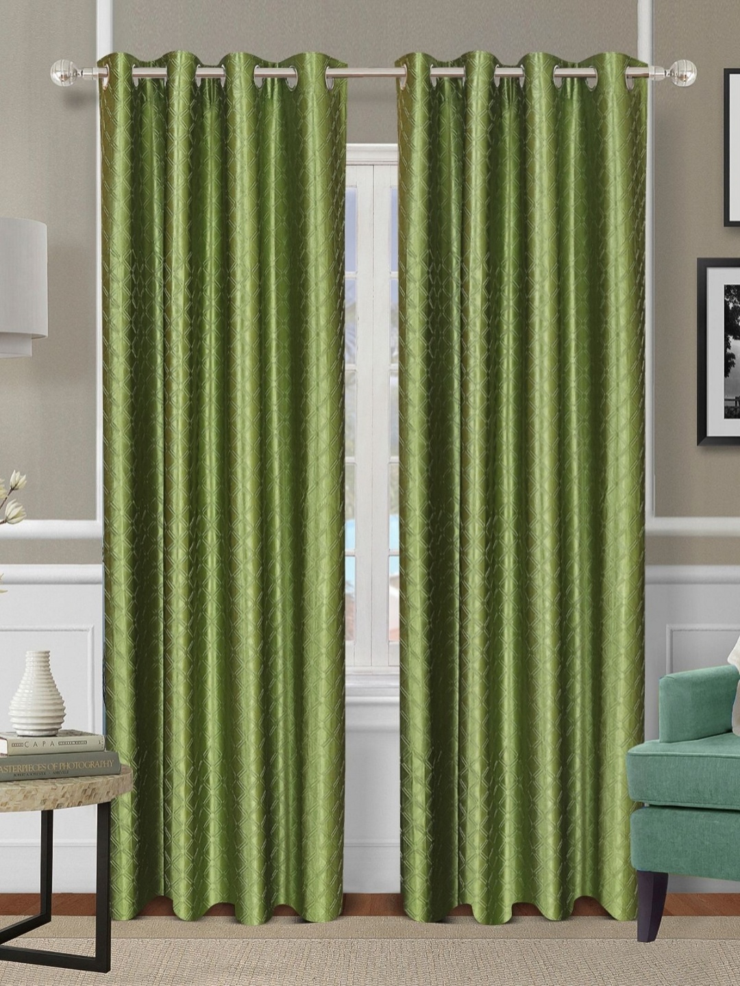 

Myntra Elegant Homes Green 2 Pieces Geometric Room Darkening Door Curtain