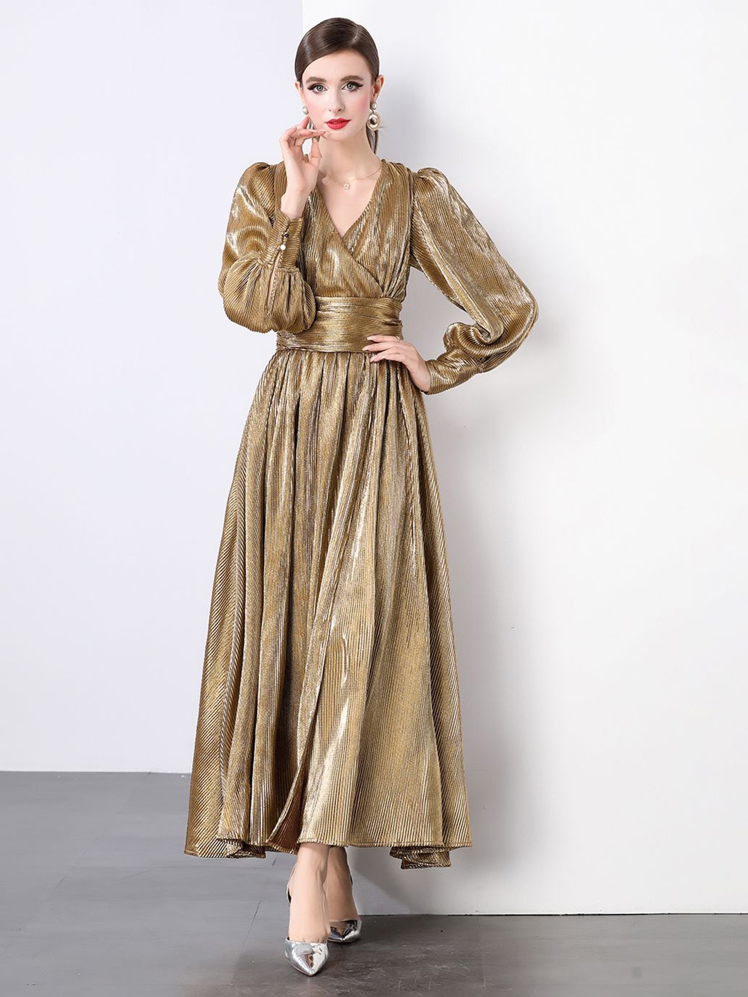 

JC Collection V-Neck Cuffed Neck Maxi Dress, Gold