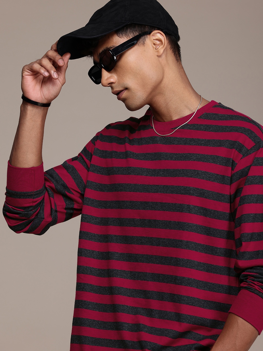 

The Roadster Life Co. Striped Drop-Shoulder Sleeves Relaxed Fit T-shirt, Maroon